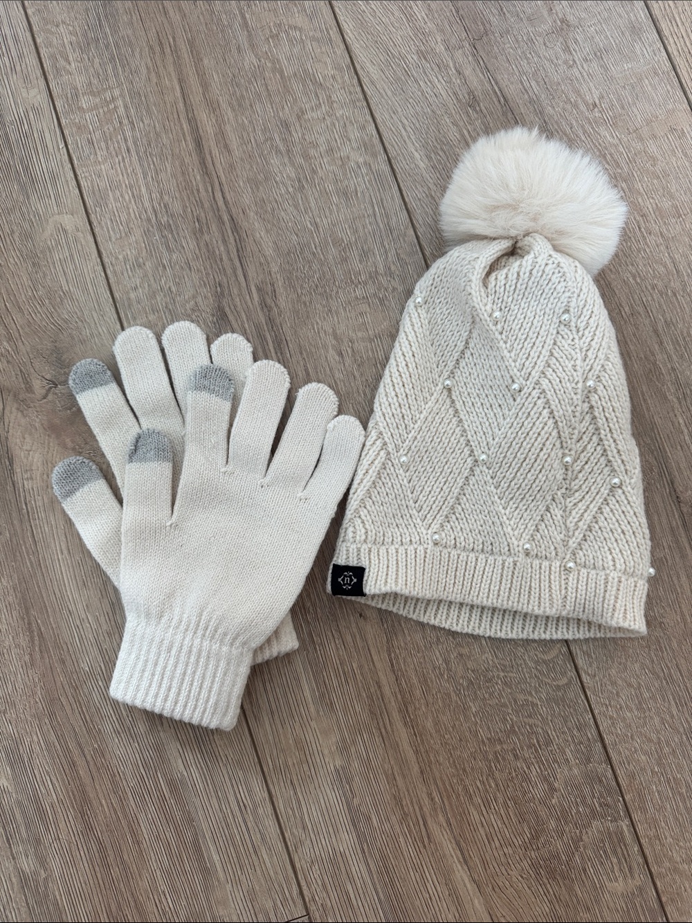 Cream Knit Pom Beanie and Touchscreen Gloves Set